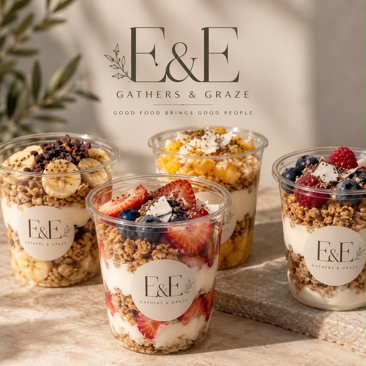 Yogurt parfait cups with fruit and granola